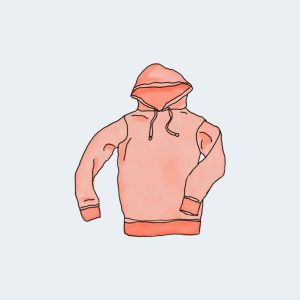 Pink hoodie with drawstrings, long sleeves, and ribbed cuffs and waistband, hand-drawn illustration