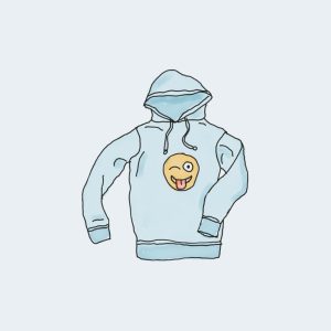 Light blue hoodie with playful winking and tongue-out emoji graphic centered on front