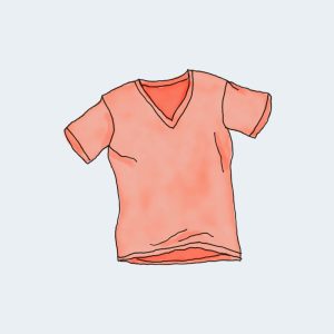 Coral pink v-neck t-shirt with short sleeves, drawn in a minimalist watercolor style